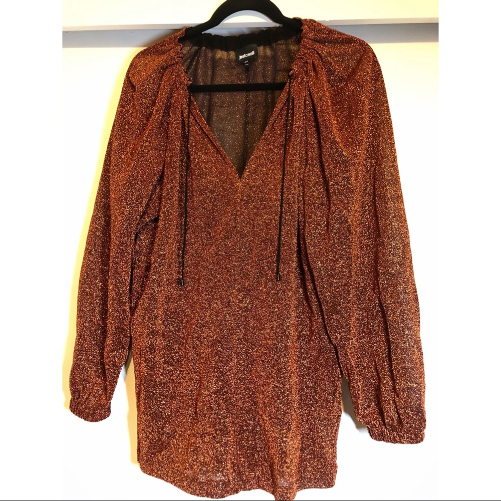 Just Cavalli Metallic Bronze Gold Vneck Long Sleeve Lightweight Oversized Blouse